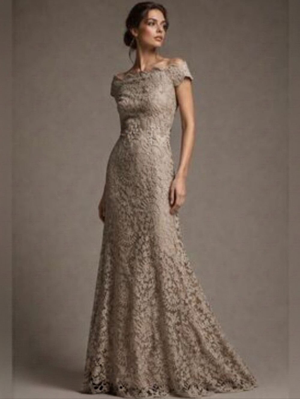 Tadashi Shoji $598 Embroidered Lace Off-Shoulder Evening Gown Women's 4 Taupe - Picture 3 of 10